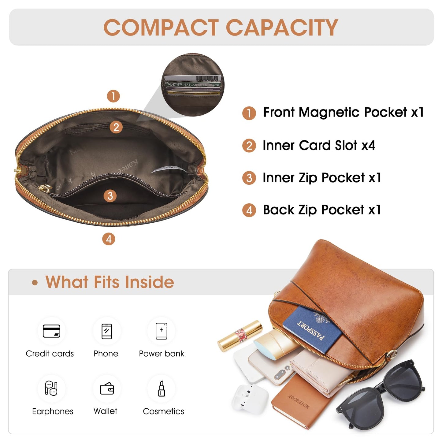Kattee Leather Crossbody Bags for Women Trendy, Small Purses Handbags Shoulder Bag, Genuine Leather Cross Body Bag for Woman, Light Brown