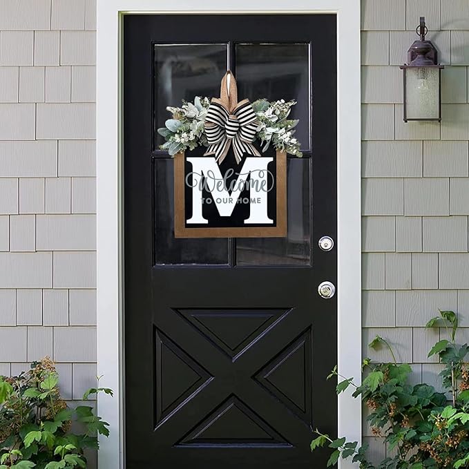 16'' Personalized M Letter Wooden Welcome Sign – All-Season Front Door Decor, Porch Décor for Outdoor, Durable & Elegant Door Wreath Alternative