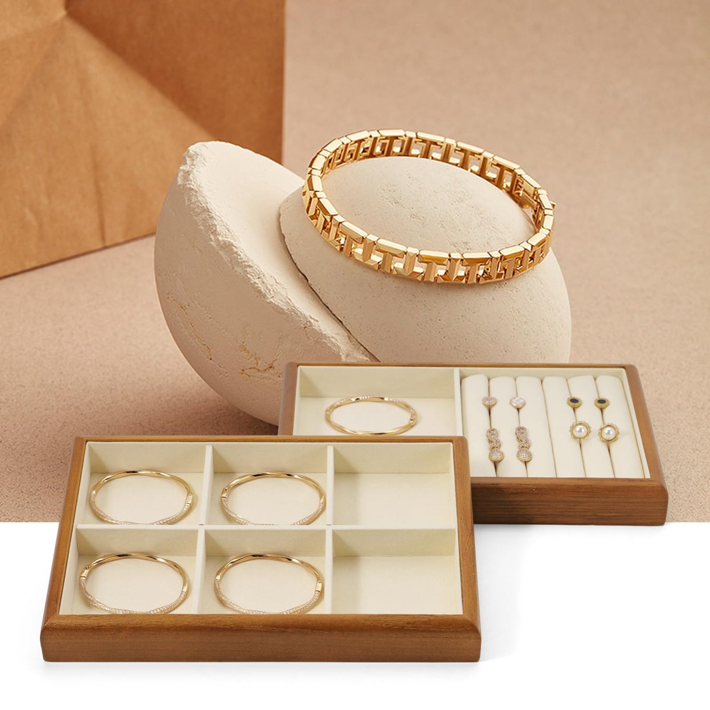 Oirlv Solid Wood Stackable Jewelry Organizer Tray Jewelry Drawer Organizer(Creamy-white)