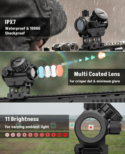MidTen Motion Awake Red Dot Sight, 2 MOA Red Dot Optics, IPX7 Waterproof & Fogproof,1x20mm Compact Red Dot Scope for 21mm Picatinny Rail with Lower 1/3 Co-Witness Riser