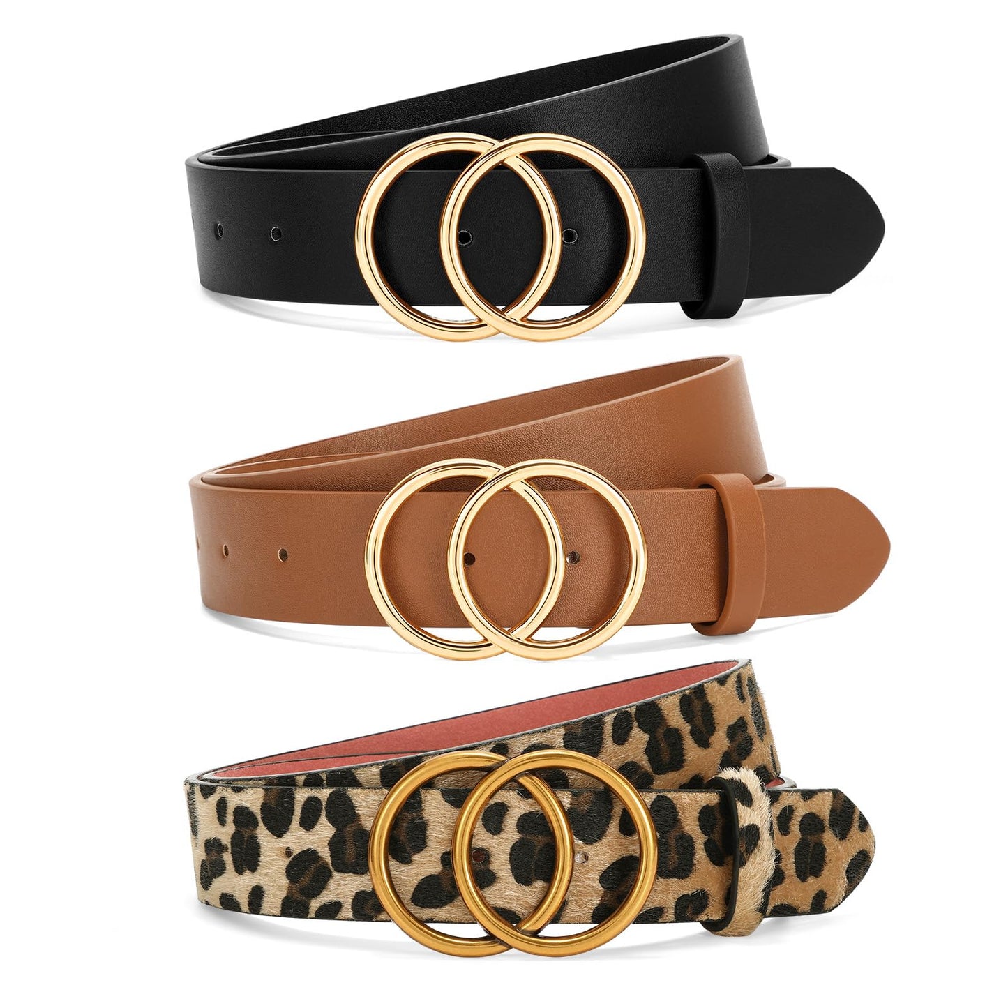 SANSTHS 3 Pack Women Waist Belts for Jeans Pants Dresses, Ladies Belt with Double O-Ring Gold Buckle, Black+Brown+Leopard M