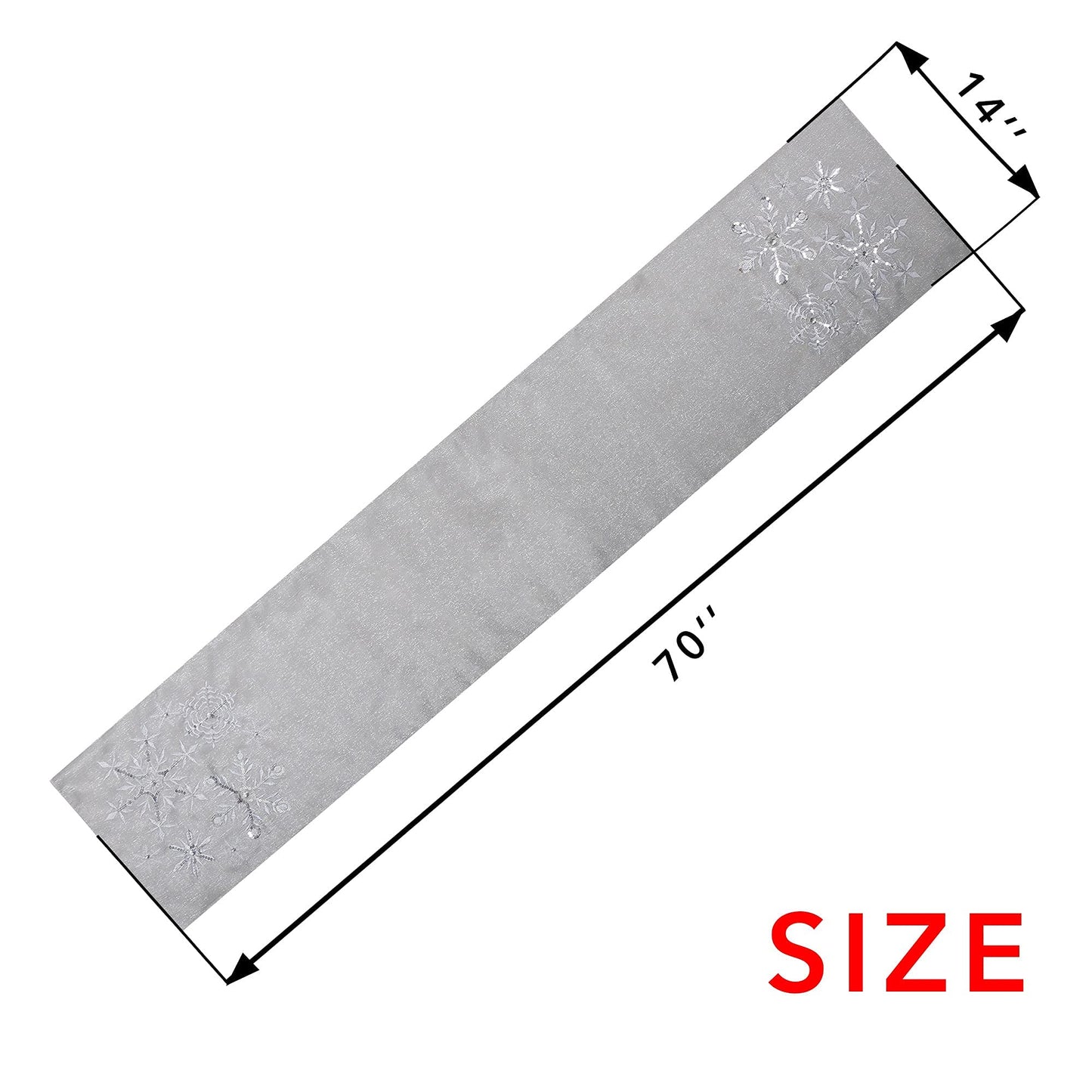 OWENIE Christmas Table Runner, Snowflake Silver Grey Table Runners, Xmas Holiday Tabletop Decor, Embroidery Table Centerpieces with Sequins and Diamonds, Glittering Winter Home Decorations, 14X70 Inch
