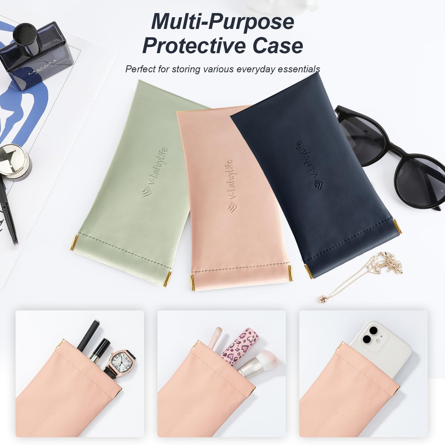 V-LAFUYLIFE 3 Pack Glasses Case Portable Soft Sunglasses Case For Women men (Pink,NavyBlue,Green)