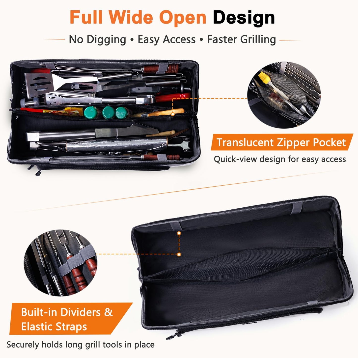 22" Grill Tool Bag, Heavy Duty BBQ Accessories Organizer with Wide-Open Design, Large Griddle Utensil Storage Bag for Blackstone, Camping, Tailgating, BBQ Gifts for Men（Bag Only）