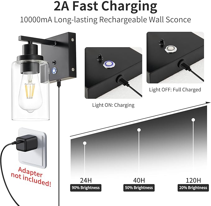 Dimmable Battery Operated Wall Sconce Set of 2 Black with 3-Color Temperature Bulb, 10000mAh Rechargeable Wireless Wall Sconces Set of Two with Remote Control Wall Light for Bedroom, Hallway