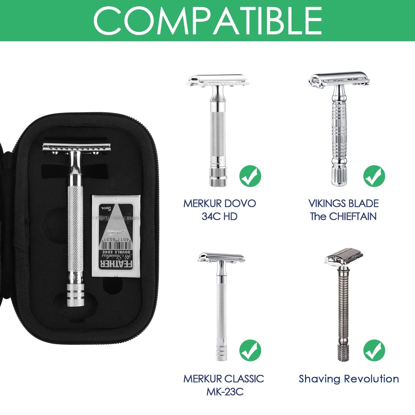 Linkidea Hard Travel Case Compatible with Vikings, Merkur, Shaving Revolution Double Edge Safety Razor, Storage Box Organizer for Safety Razor & Shaving Attachments (Lychee Vegan Leather), Black,