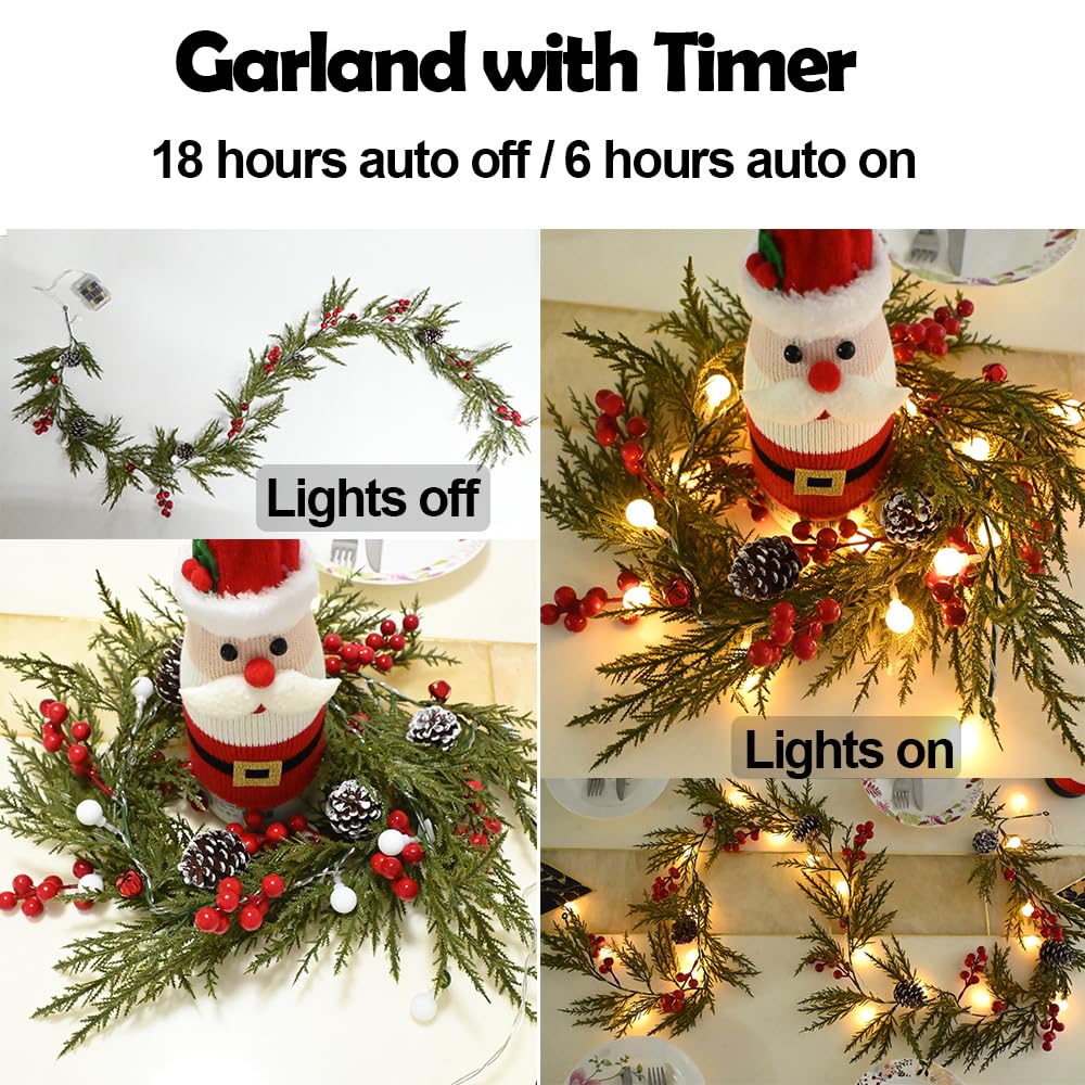 Christmas Garland 6FT 20 LED Bulbs Cypress Pine Garland with Lights Battery Operated with Timer Bells Red Berries Pinecones Green Garlands Decoration for Xmas Holiday Thanksgiving New Year Home Decor