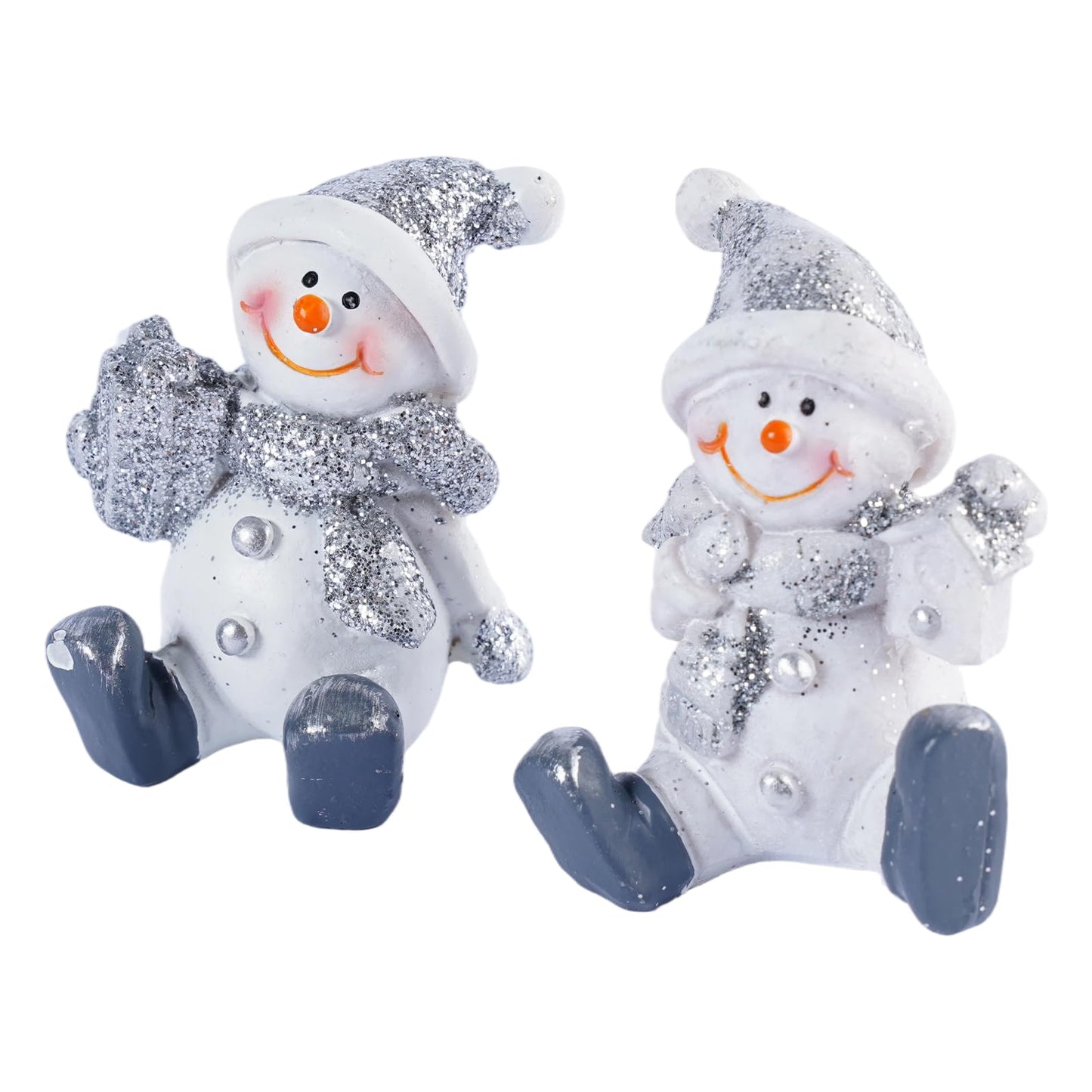 Brizoria Snowman Decor Christmas Decorations Indoor Sitting Resin Figurines Set of 2 Silver Glitter Finish with Gift Box and Lantern Winter Tabletop Mantel Shelf Holiday Display