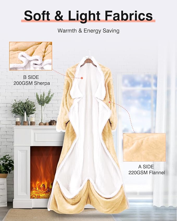 Heated Blanket with Sleeves, Wearable Electric Heated Blanket for Gifts, Electric Throw Wrap Poncho Shawl with Pockets, 6 Heating Levels & 4 Hours Time Settings, 50 x 70 Inch (Beige)