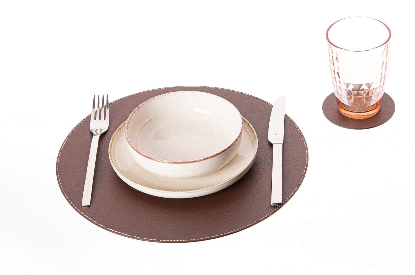 Nikalaz Set of Small Round Brown Placemats and Coasters, 4 Table Mats and 4 Coasters, Place mats 12.99 inches, Recycled Leather (Brown)