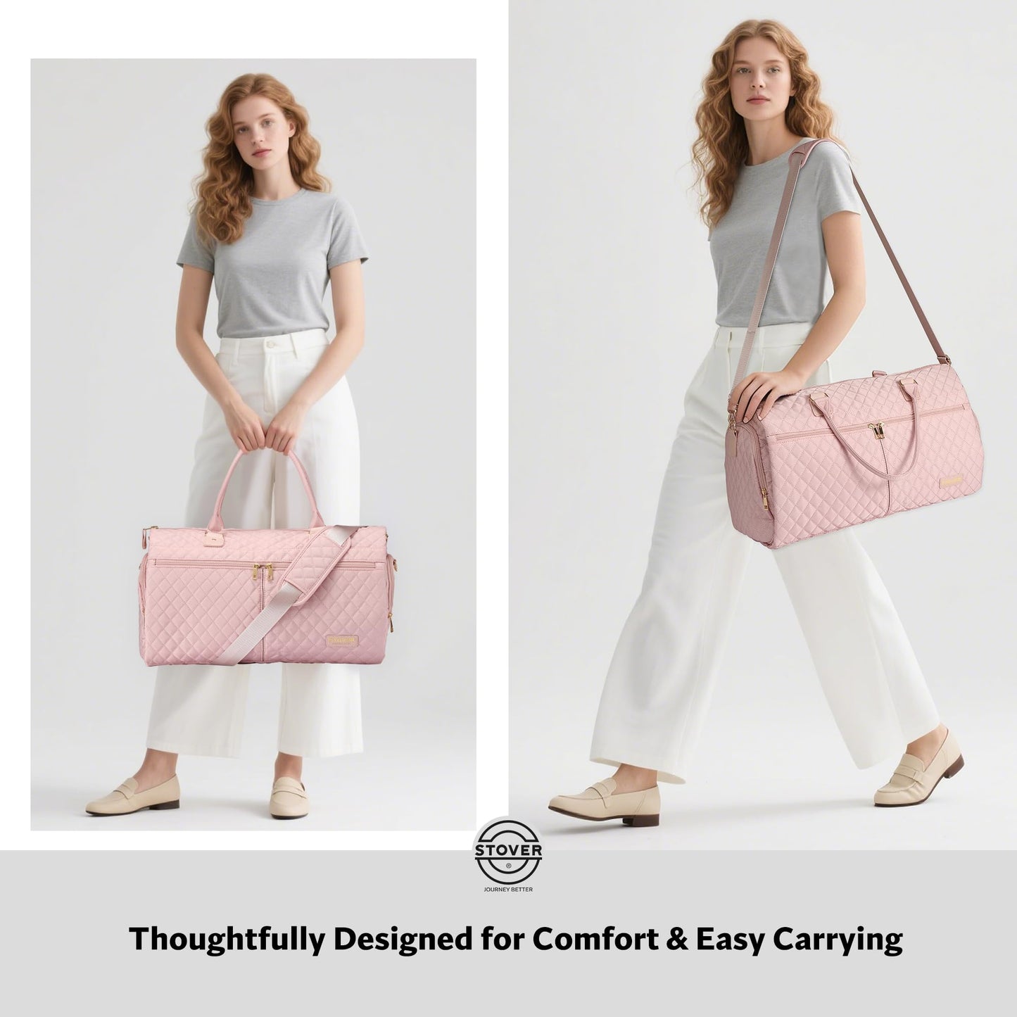 STOVER Women’s Convertible Garment Duffel Bag for Travel – 2-in-1 Carry-On Weekender/Overnight Tote - Wrinkle-Free Dresses, Suits & Clothes + Shoe Compartment & Bonus Toiletry Bag (Blush Pink)