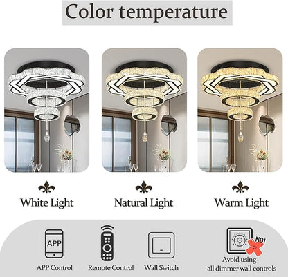 Flashing God Modern Crystal Chandeliers Dia 24" Black Chandelier Flush Mount Ceiling Light for Bedroom Living Room Dining Room Hallway Dimmable 3 Rings LED Celing Lighting Fixtures