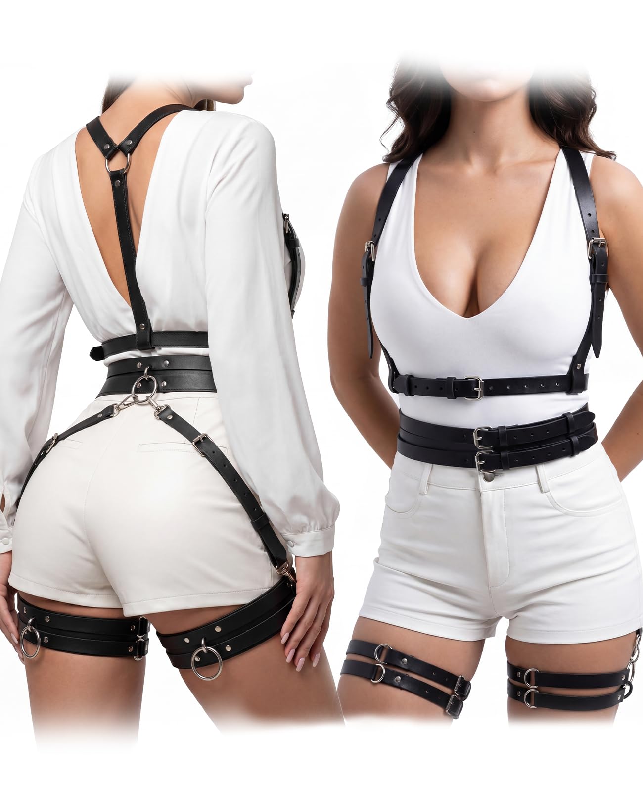 Waaqkid 2 PCS Leather Harness for Women Set, Adjustable Black Punk Body Harness Belts Goth for Halloween Cosplay Party