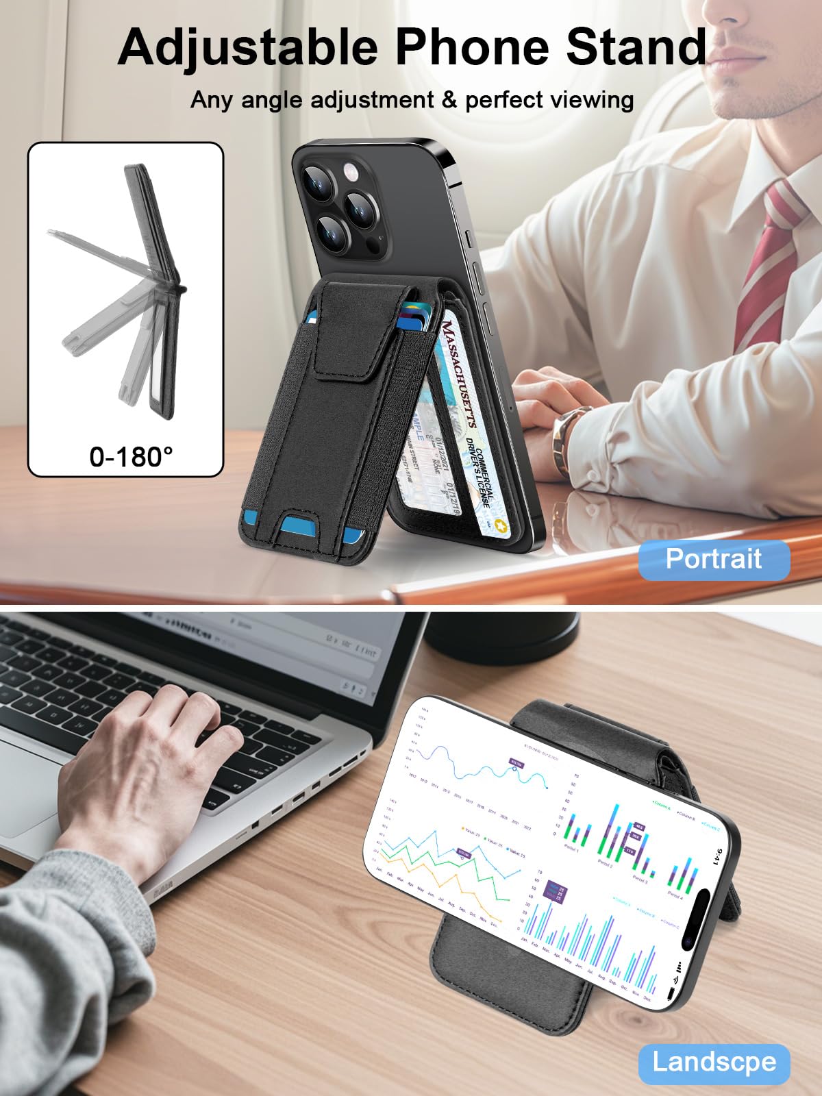 TopMade for Magsafe Wallet, Works with Apple Find My, Strongest Magnetic Wallet for iPhone 17/16/15/14/13/12 Series, Magnetic Card Holder with Adjustable Stand, RFID Blocking, 9 Cards Holder, Black