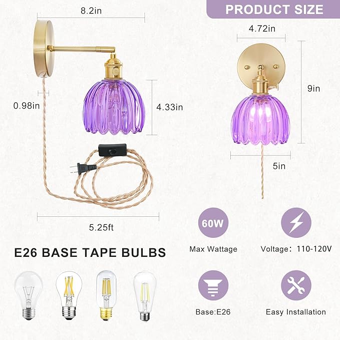 Plug in Wall Sconces Set of 2, Vintage Wall Sconce Light with Tulip Purple Glass Lampshade, 180° Adjustable Wall Sconce with Switch and Plug in wall lamp Cord, Gold Wall Light Wall Decor Set of 2