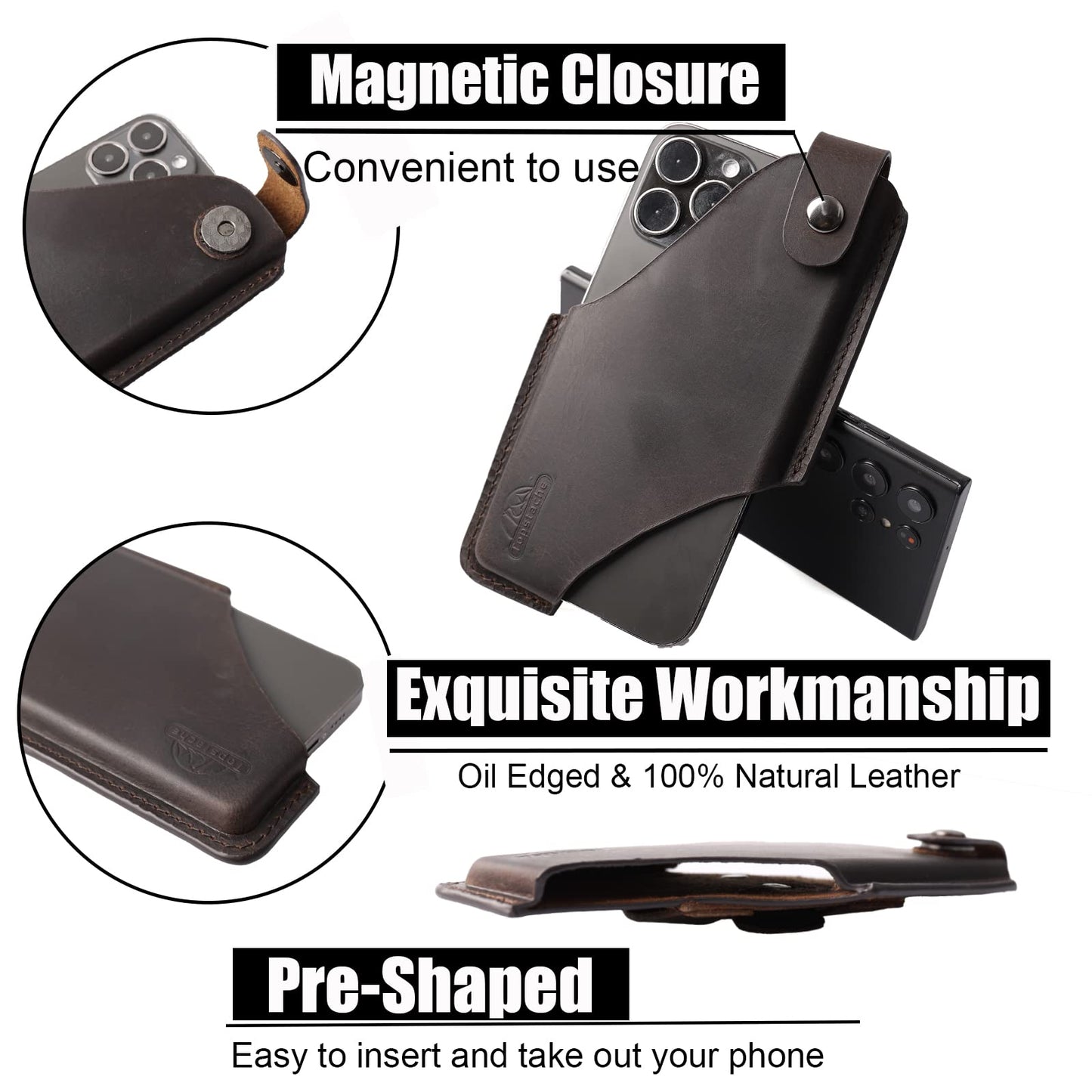 Topstache Leather Phone Holster with Belt Clip for iPhone 17/16/15 Pro Max & Plus - Magnetic Closure Cell Phone Case for Galaxy S25/S24 Ultra - Leather Belt Holder Loop Case, L,Darkbrown