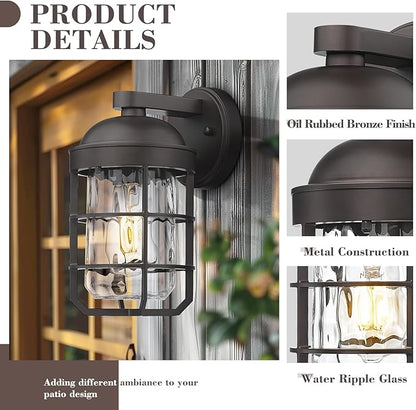 Emliviar Retro Wall Lamp Wall Mounted for House, Medium 1-Light Exterior Wall Lighting with Metal Cage, Oil Rubbed Bronze with Water Ripple Glass Shade, GE255BL ORB-WG
