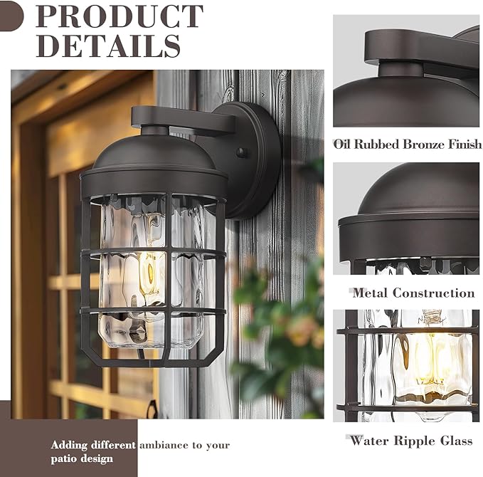 Emliviar Rustic Outdoor Wall Lanterns 2Pcs, Exterior Nautical Wall Sconce, Outside Wall Lamps with Water Ripple Glass in Oil Rubbed Bronze Finish, GE255BL-2PK ORB-WG