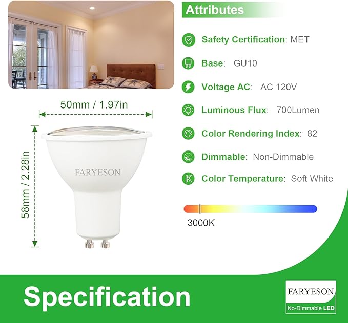 GU10 LED Light Bulbs - 5W Energy-Efficient, 700 Lumens Warm White (3000K), Non-Dimmable, 110° Flood Beam, Ideal Replacement for Halogen Bulb in Recessed & Track Lighting, 6-Pack