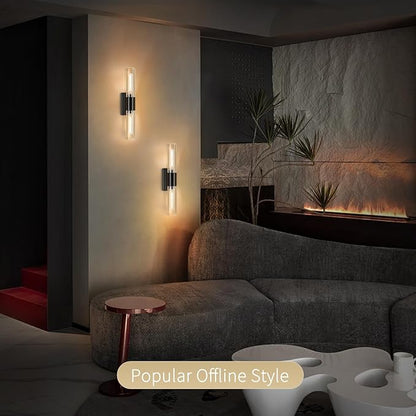 Bathroom Wall Sconces Set of Two Black , 21" Modern 2-Light Vanity Light Tube Wall Sconce, Clear Glass Indoor Hardwired Mounted Lamps for Living Room,Bedroom,Hallway-Black Clear (Bulb Not Included)