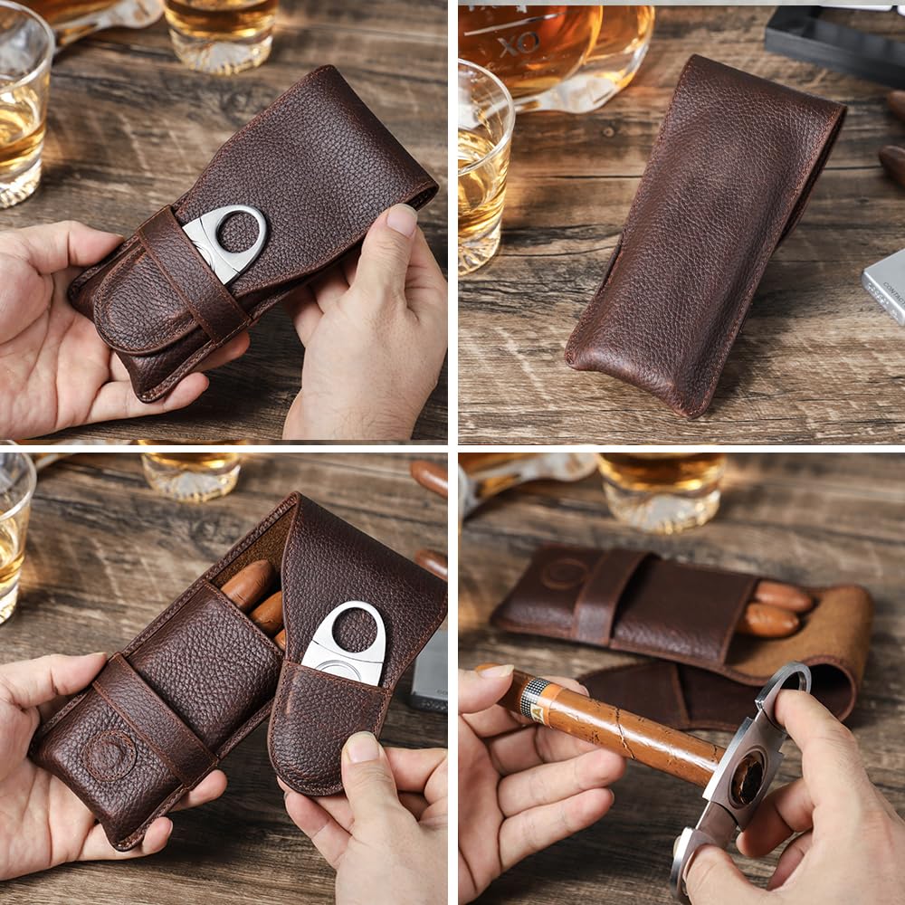 CONTACTS Full Grain Leather Small Cigar Case Travel 3 Slot Cigars Humidor Pouch Portable Cigar Accessories Organizer with Cigar Cutter Slot by Handmade
