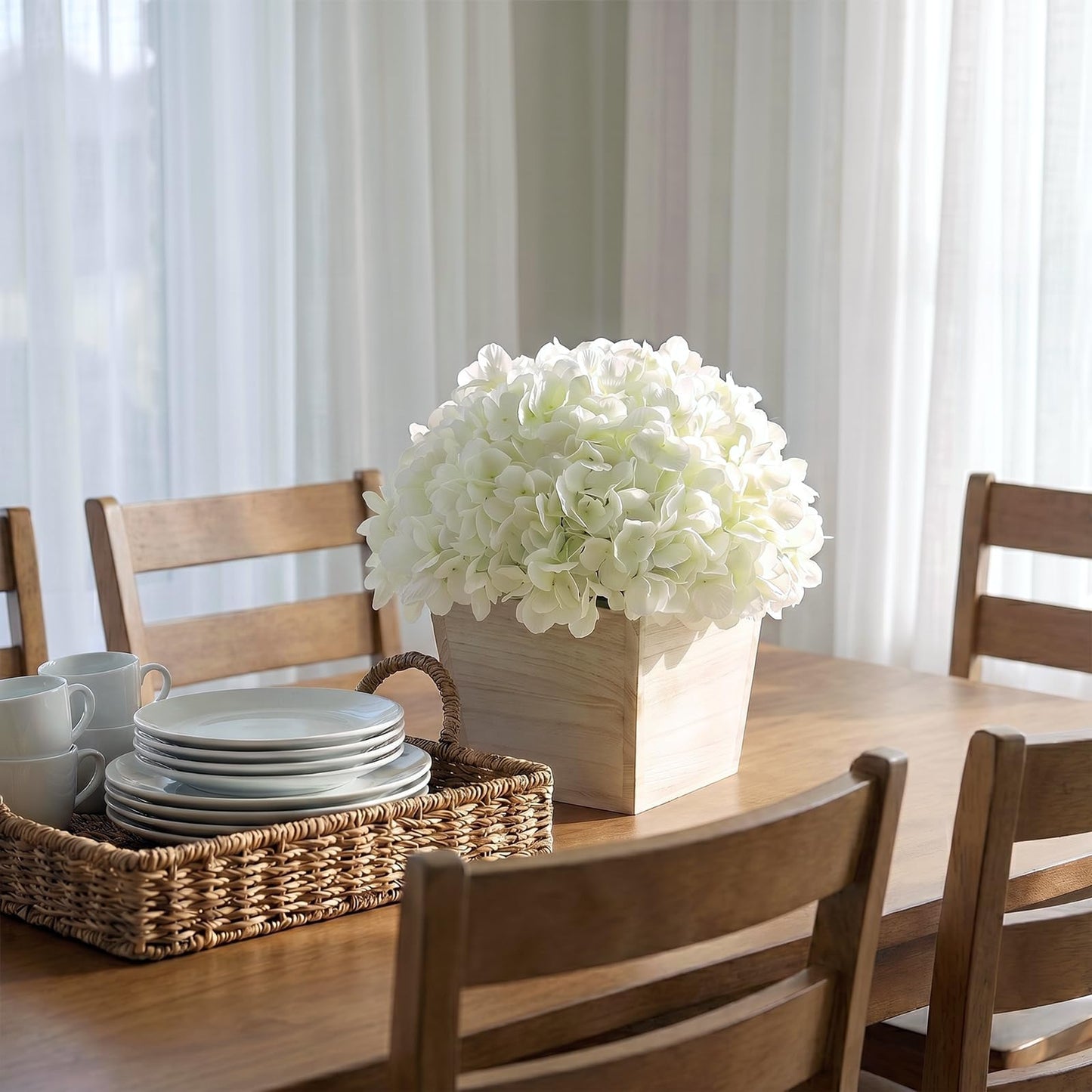 YXZZWL 10" Artificial Hydrangea Arrangement in Planter for Table Centerpiece, Lifelike Fake Hydrangea Potted Plant, Silk Faux Flowers in Wood Planter for Farmhouse Home Office Shower Decor (White)