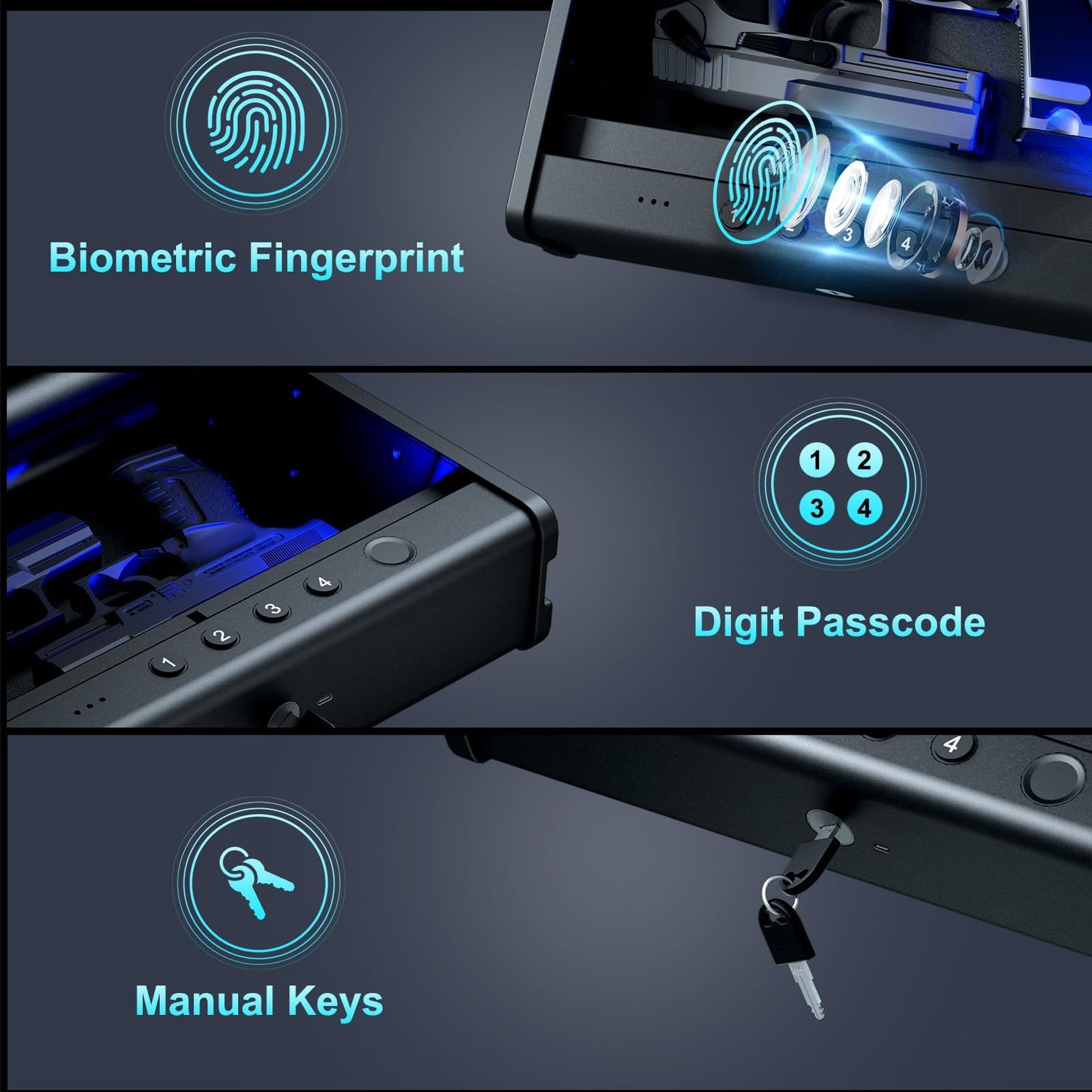 PINEWORLD Gun Safe, Biometric Gun Safe For Handgun, Pistol Safe With Fingerprint Backlit Keypad, Quick Access Handgun Safe for Firearm, Gun Lock Box With Interior Light For Nightstand Car Normal Size