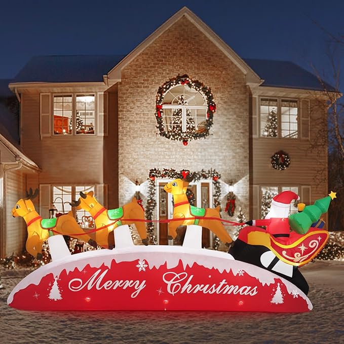 10 FT Christmas Inflatables, Santa Sleigh with Reindeer Christmas Outdoor Inflatables, LED Lights Blow up Inflatable Yard Decoration for Christmas, Long Xmas Inflatable Party Garden Lawn Home Decor