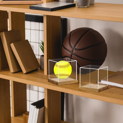2 Pack Clear Acrylic Softball Display Case with Wood Base, Memorabilia Stand Cube Holder, Dust Protection Transparent Storage Box for Single Ball Souvenir Softball Collections