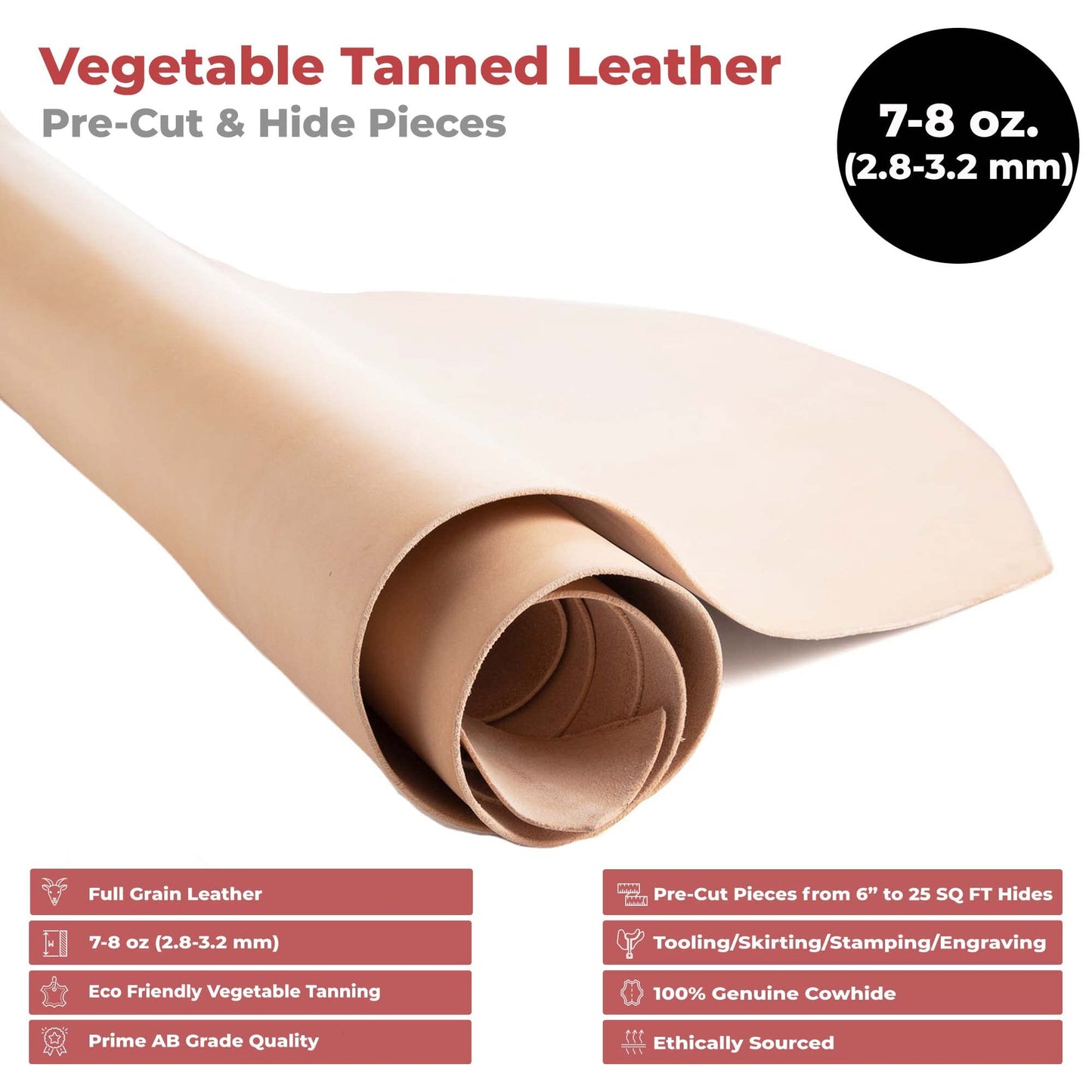 ELW 7-8 oz.(3-3.2 mm) Thickness Pre-Cut Square 2PCS 8"x12", Tooling Leather Vegetable Tanned Full Grain Leather - Cowhide Leathercraft for Holsters Knife Sheaths Coasters Molding Emboss Stamp Cases