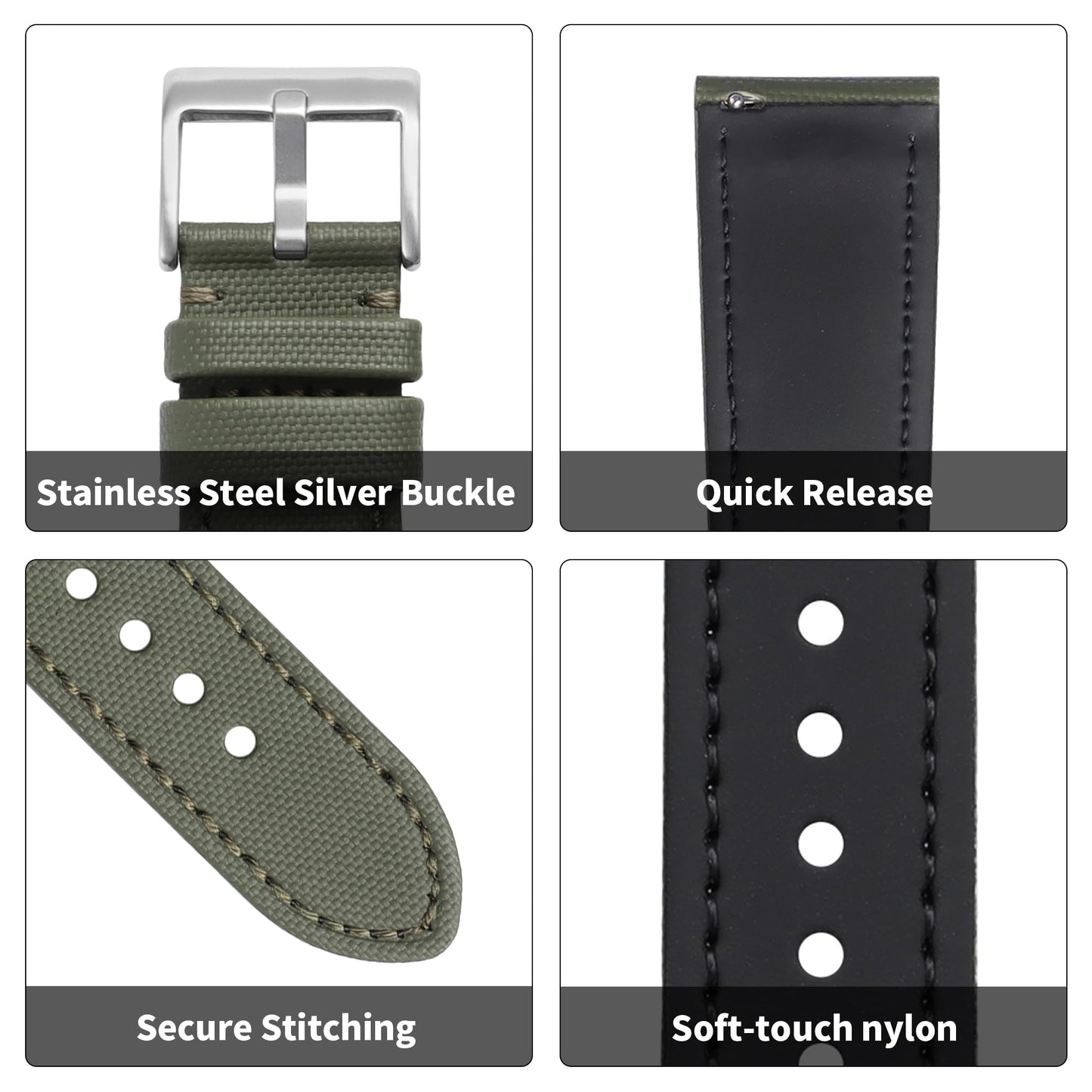 JUNGHELE Nylon watch band for men and women,Quick Release Premium Oxford Waterproof Fabric Weave Back Lining Leather Nylon watch strap with Stainless-Steel Buckle,Green 18mm watch band