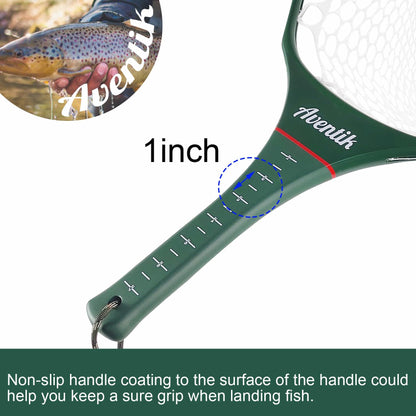 Aventik Floating Fly Fishing Net – Carbon Fiber Lightweight Landing Net with Clear Rubber Ghost Mesh for Trout – Catch and Release Friendly (Green with Standard Handle)