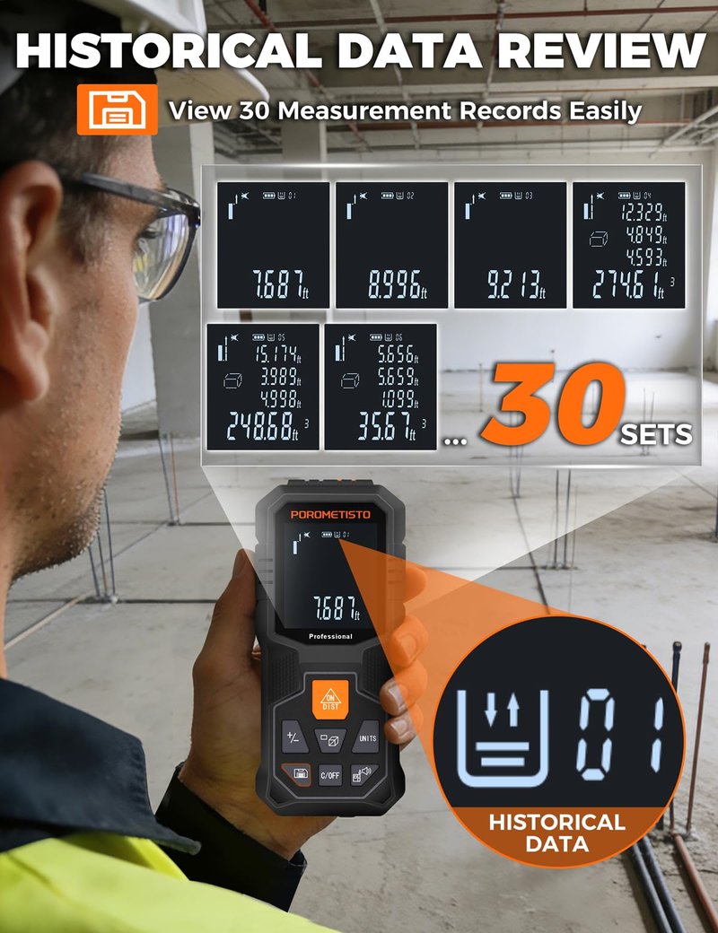 Laser Distance Meter POROMETISTO 262ft/80m, Digital Angle Finder,12 Modes for Angle Area Volume Pythagorean Distance, ±2mm High Accuracy, Tripod Interface Design Handheld Digital Rangefinder