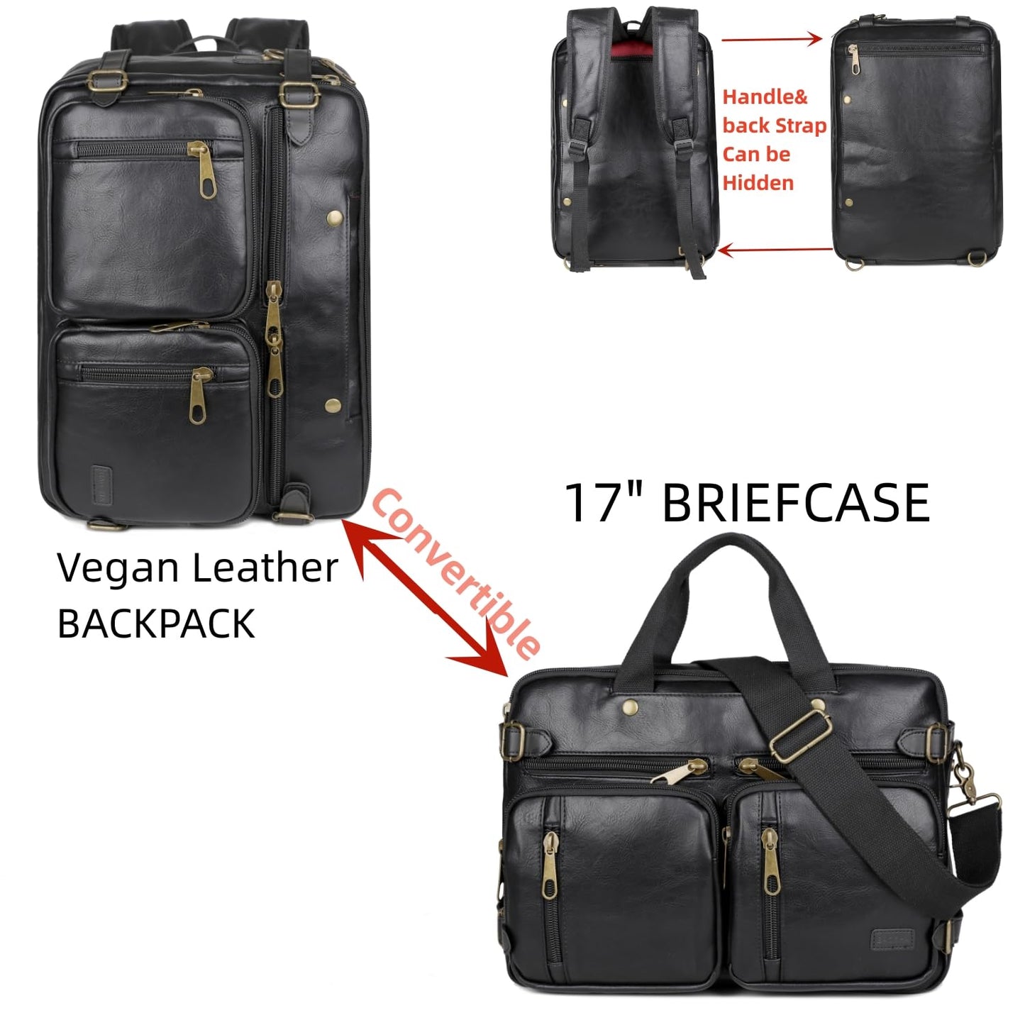 Baosha Men Vegan Leather Briefcase Backpack Hybrid 17 Inch Laptop Bag Case Business Messenger bag HB-22 (Black)