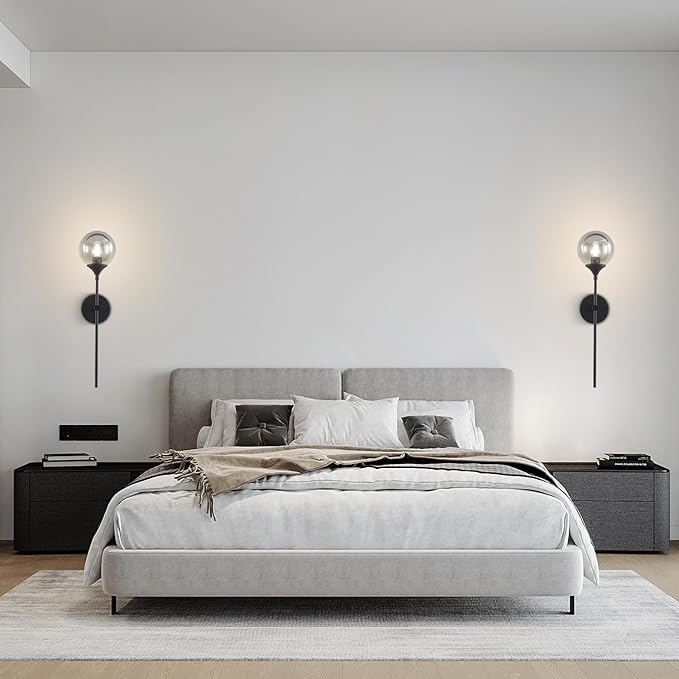 KCO Lighting 1-Light Matte Black Mid Century Wall Sconce Set of Two Modern Bathroom Vanity Globe Wall Light Set of 2 Vintage Smoke Gray Glass Wall Bedroom Wall Lamp
