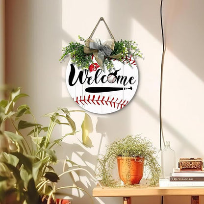 Baseball Door Sign Welcome to the Baseball Game Hanging Sign With Wreath And Bow Baseball Bat Ballfield Round Wooden Front Door Sign for All The Seasons Sport Farmhouse Decor 12x12 Inch
