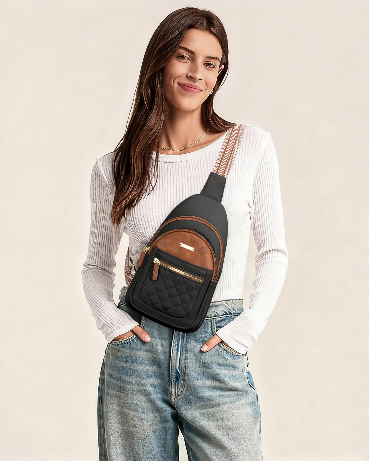 Capolo Crossbody Bag for Women, Adjustable Leather Chest Sling Bag with Multi-Compartment for Daily Use, Travel, Gift, Black With Brown
