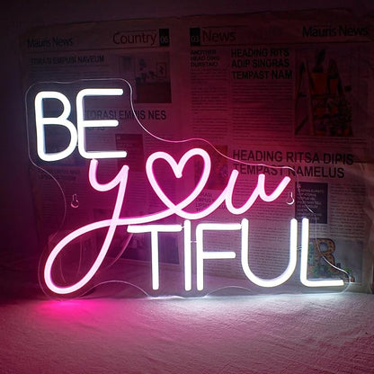 Horseneon Be You Tiful Neon Led Sign, Rectangular Pink Neon Light Sign, 16.5''*11.6'', Wall Mount, Modern Love Theme, USB Powered, Acrylic Material, Perfect for Room Decor, Salon, Party, Gift
