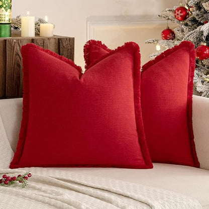 MIULEE Christmas Decorative Throw Pillow Covers Neutral Linen Fringe Throw Pillows Euro Shams Set of 2 Red Boho Farmhouse Cushion Covers with Tassels for Couch Sofa Bed Living Room Decor 24x24 Inch