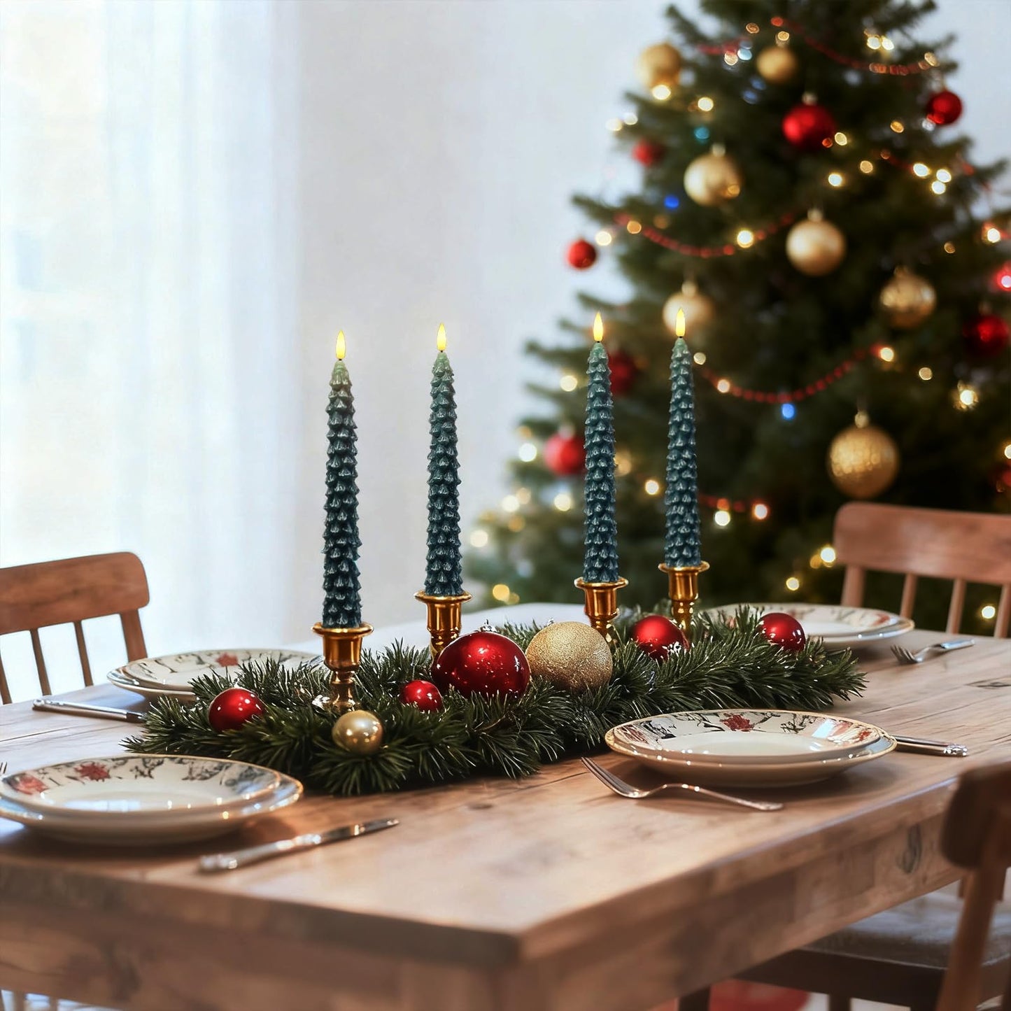 Christmas Decorations Indoor, Christmas Decor-Christmas Tree Taper Flameless Candles Battery Operated with Remote Timer, Xmas Candlestick Home Table Mantel Room Decor, 4 Pack(Green&White) Large, 11.4"