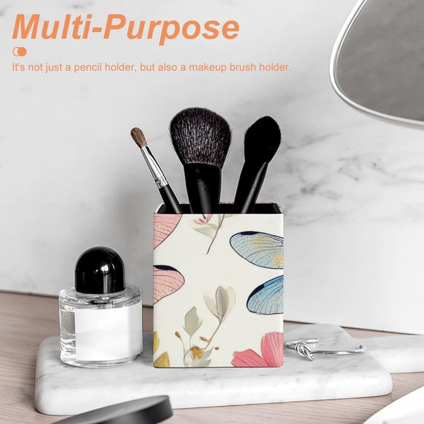 UTRSIFB Holder Cup Makeup Brush Storage Organizer, Waterproof Multifunctional Office Supplies, Pen Holder Square Leather Pencil Dragonfly