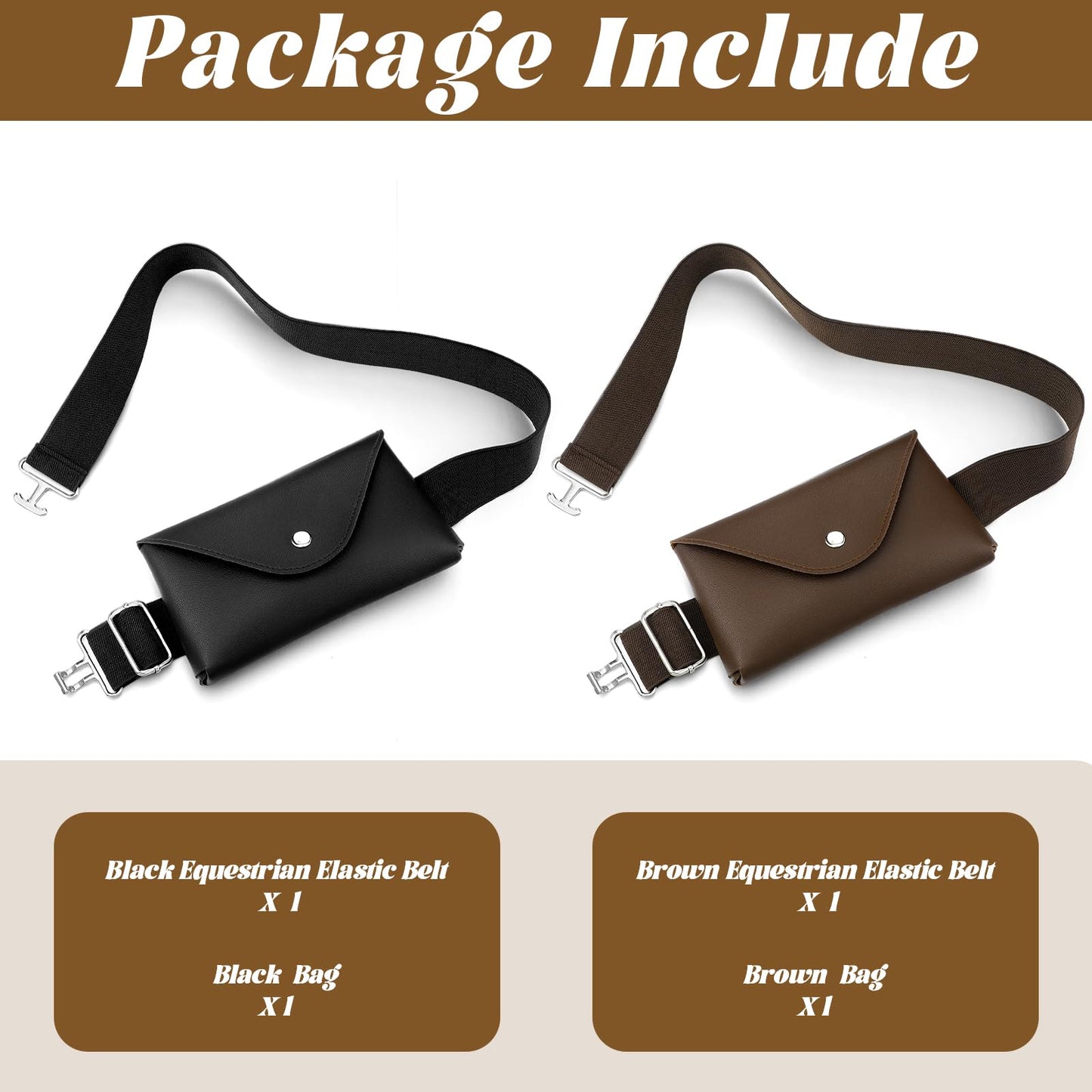 Vinsatin 2 Pack Equestrian Belt Women Equestrian Bit Waist Bag for Phone 1. 5 Inch Elastic Horse Riding Belt with Silver Bit Buckle for Women Girls Horse Riders (Black, Brown)