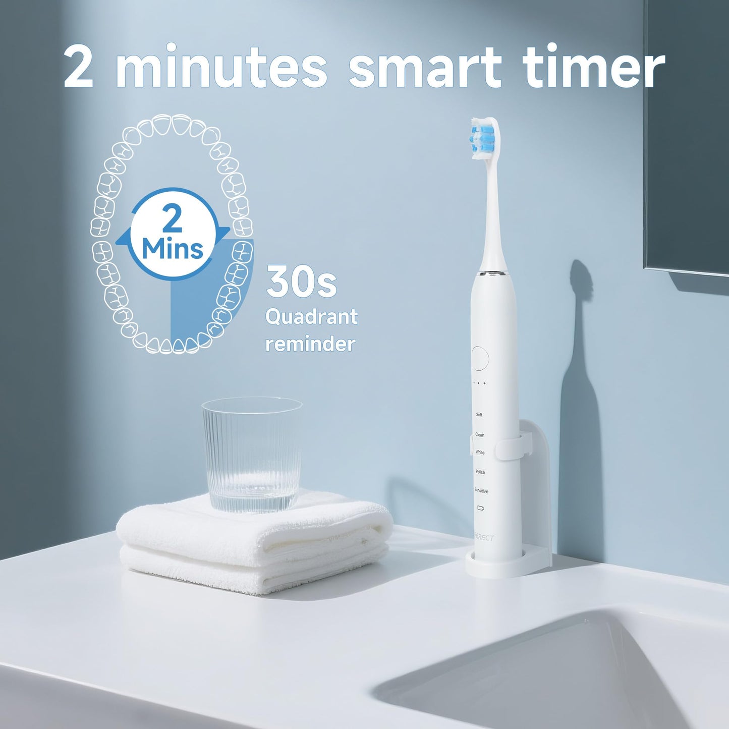 PERECT Ultrasonic Electric Toothbrush with 6 Brush Heads, 5 Modes Electric Toothbrush, Travel Rechargeable Power Toothbrush for Adults with Smart Timer &Travel Case & Soft Picks, IPX7 Waterproof, Pink