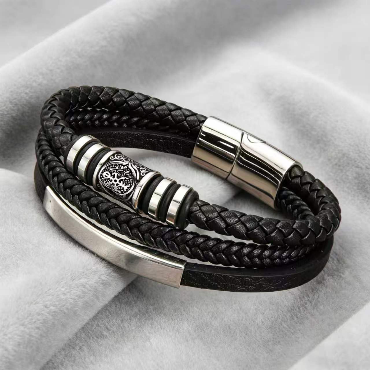 Kim Carrey Italian Handmade Genuine Leather Bracelets for Men Stainless Steel Clip, Men's Casual Genuine Multi-layer Cuff Bracelet, Bracelet Gift for Real Men (8.6" Viking)