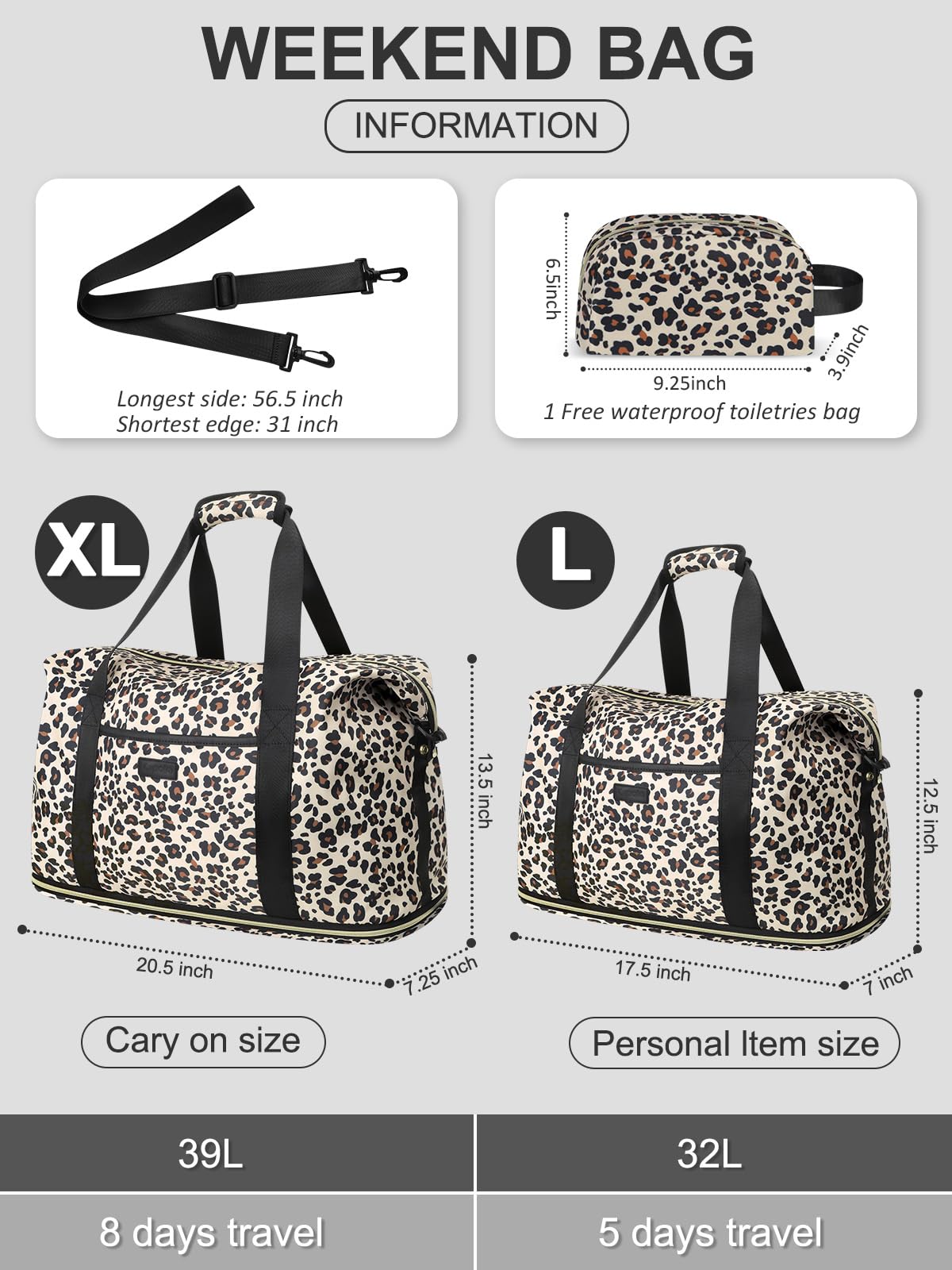 Expandable Travel Duffle Bag, Waterproof Weekender Overnight Bags for Women Men Hospital Bag for Women Labor Delivery Carry on Bag with Toiletry Bag for Travel Gym Airplanes(Leopard, Large)