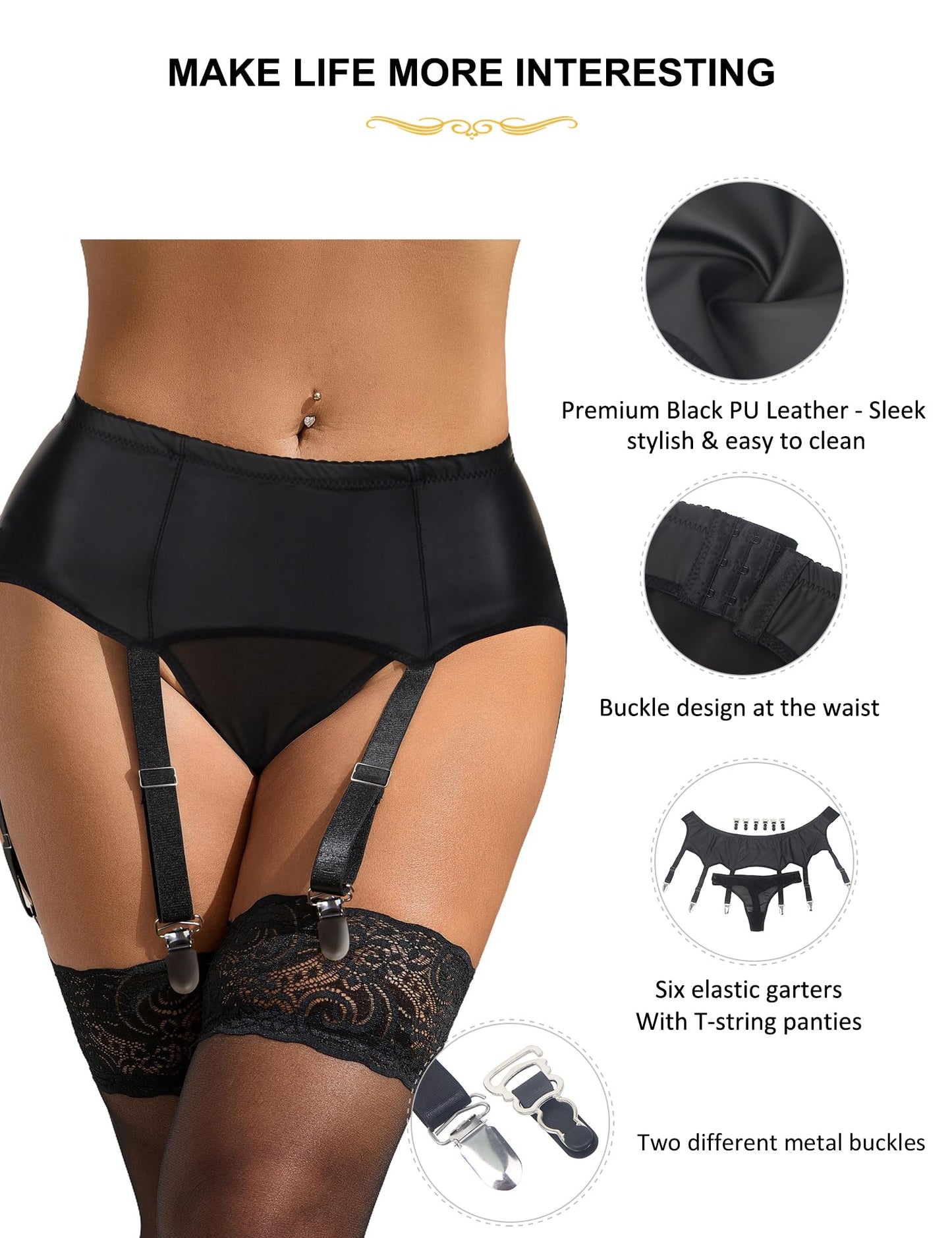 ohyeahlady Womens Faux Leather Garter Belt with 6 Strap Metal Clip Sexy Suspender Sets for Thigh Highs with G-String Thongs Black S