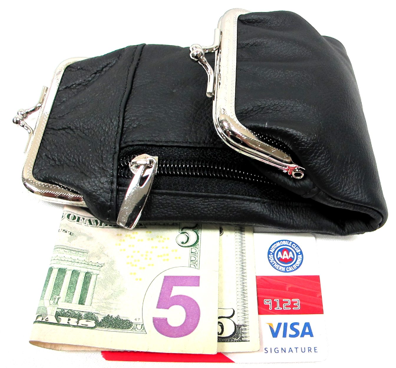 Deluxe Genuine Leather Cigarette and Lighter Case with Zipper Pocket Twist Clasp Kiss Lock Closure Fit 100's - Black