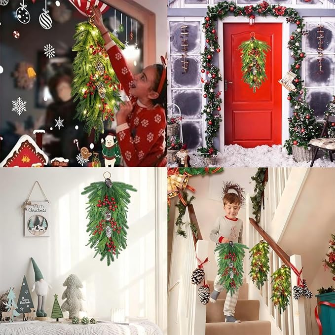 2025 Upgraded 26inch Christmas Swag with Lights Lush Norfolk Pine Teardrop Swags Christmas Wreaths with Lights Greenery Stairway Swags Staircase Decorations for Door Indoor Outdoor Home Hanging Décor