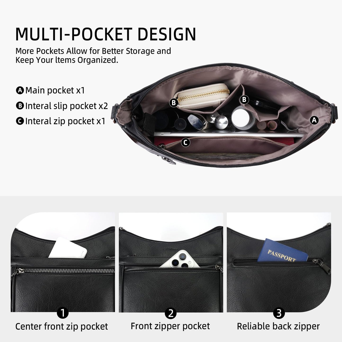 MEITRUE Crossbody Bags for Women Trendy,Vegan Leather Medium Hobo Purse with Tassel Lightweight Shoulder Handbags Multi Pockets Travel Purses Adjustable Strap Black