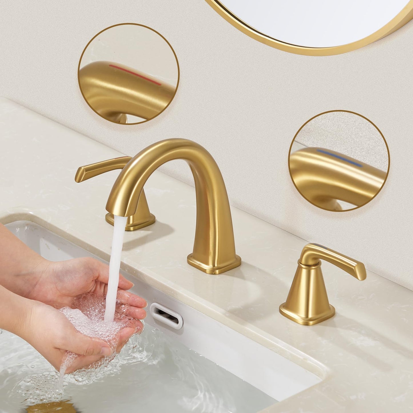 JABBOL Gold Bathroom Faucet,Brushed Gold Bathroom Faucet,Brass Sink Faucets,Bathroom Faucet 3 Hole Brushed Nickel，with Pop Up Drain Supply Hose for Vanity,Lavatory RV Farmhouse